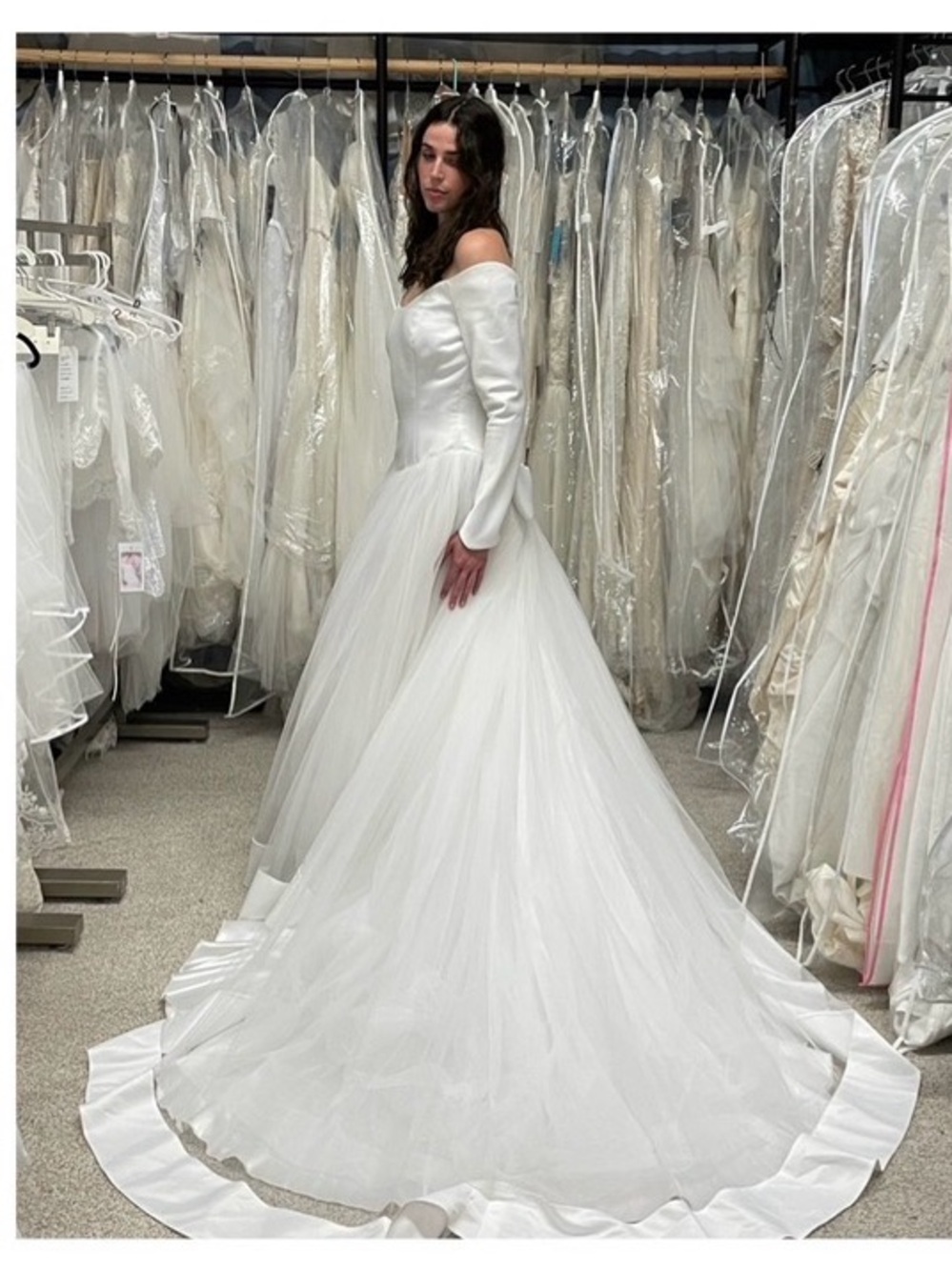 Mon Cheri White Off-Shoulder Satin and Tulle Wedding Gown